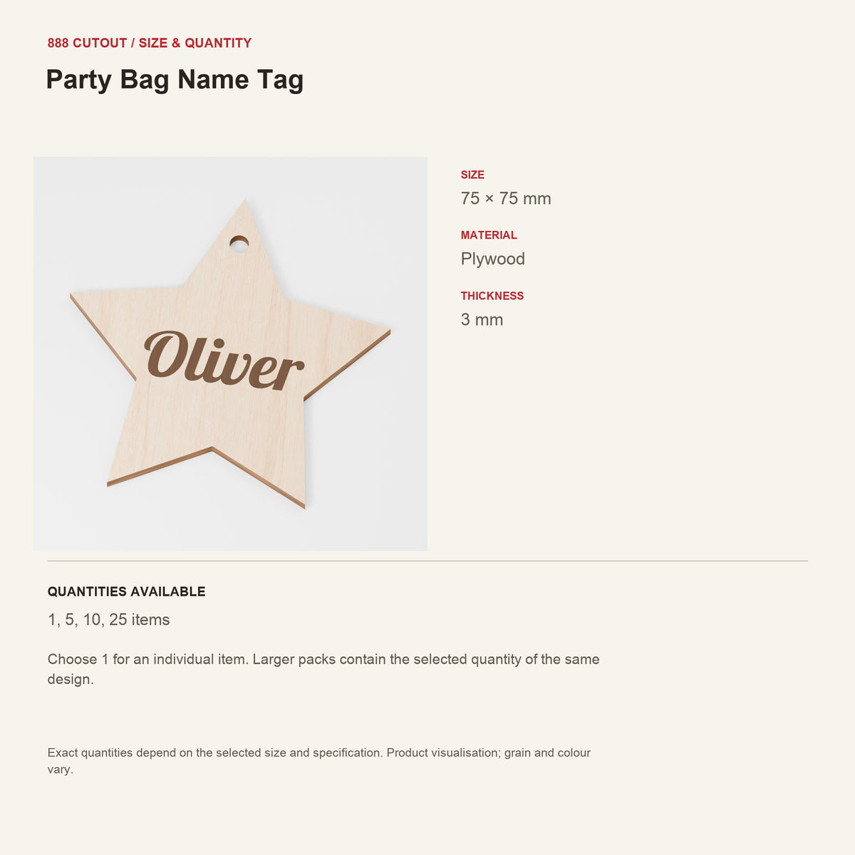 888 guide — Party Bag Name Tag — example size, material and available quantities