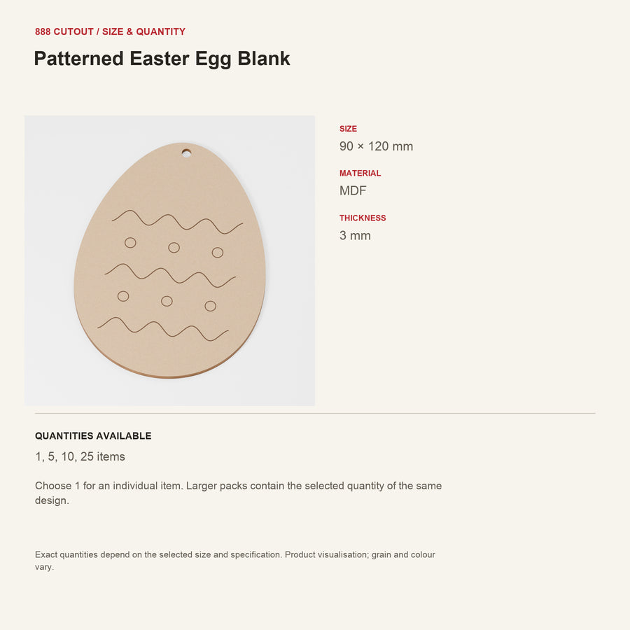 888 guide — Patterned Easter Egg Blank — example size, material and available quantities