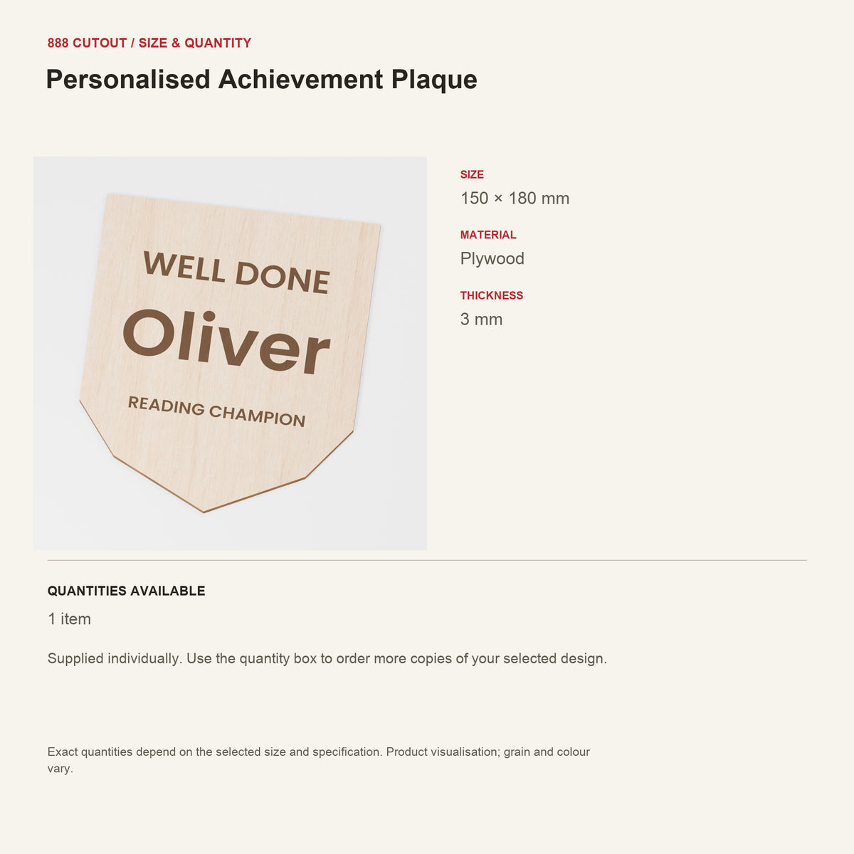 888 guide — Personalised Achievement Plaque — example size, material and available quantities