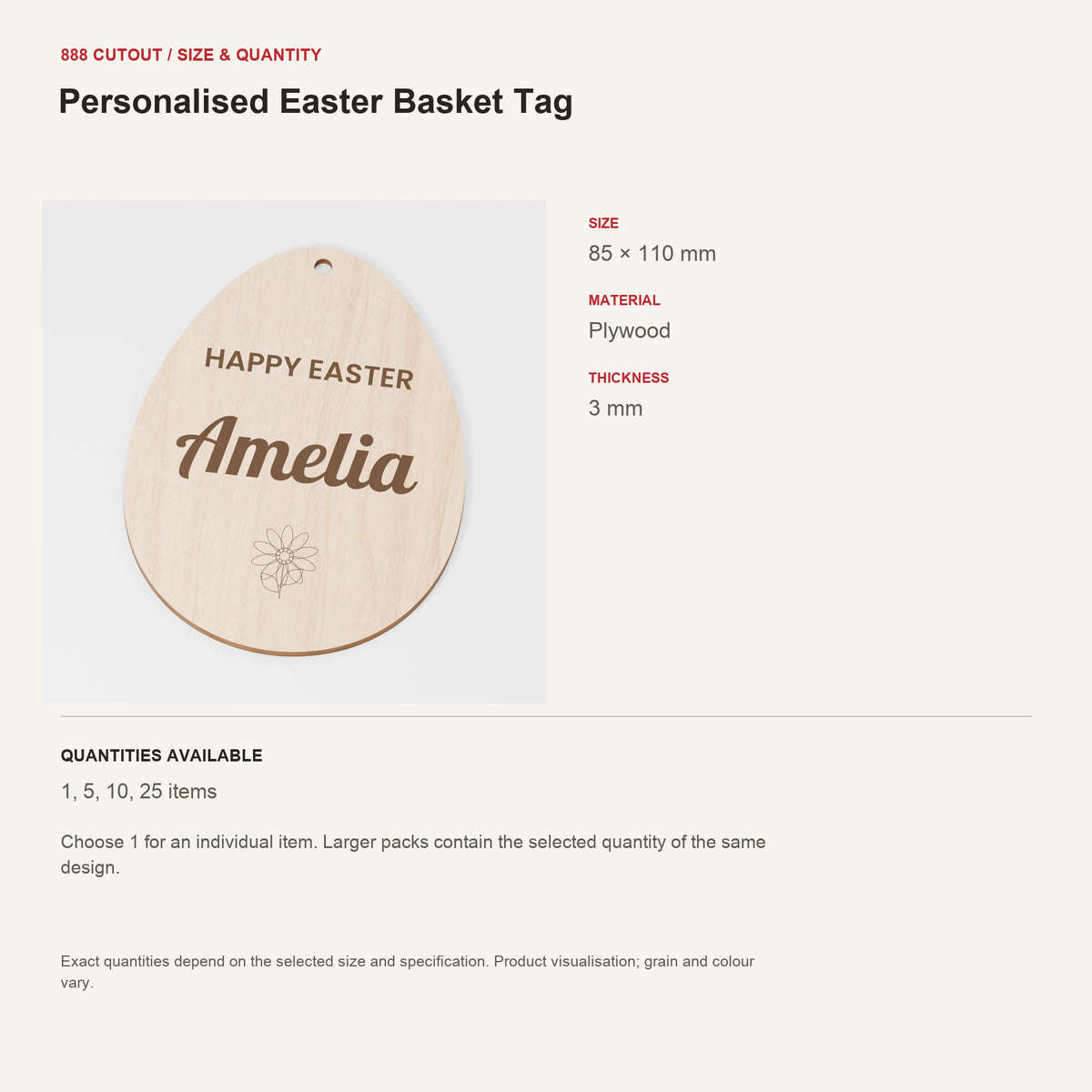 888 guide — Personalised Easter Basket Tag — example size, material and available quantities