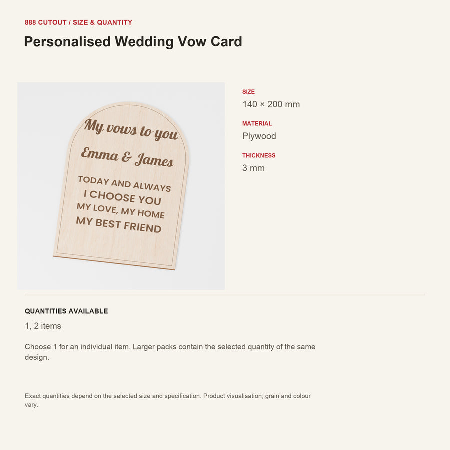 888 guide — Personalised Wedding Vow Card — example size, material and available quantities