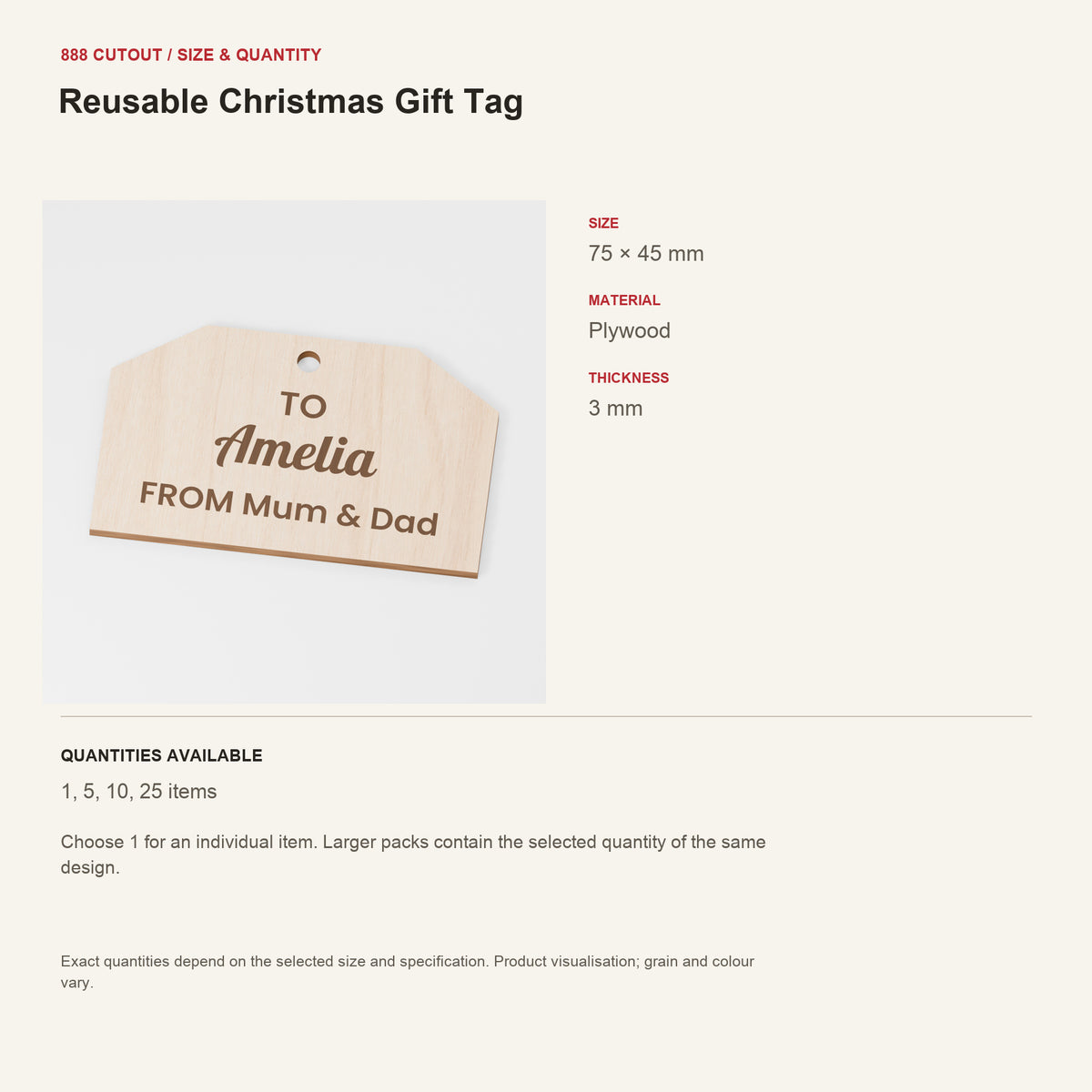 888 guide — Reusable Christmas Gift Tag — example size, material and available quantities