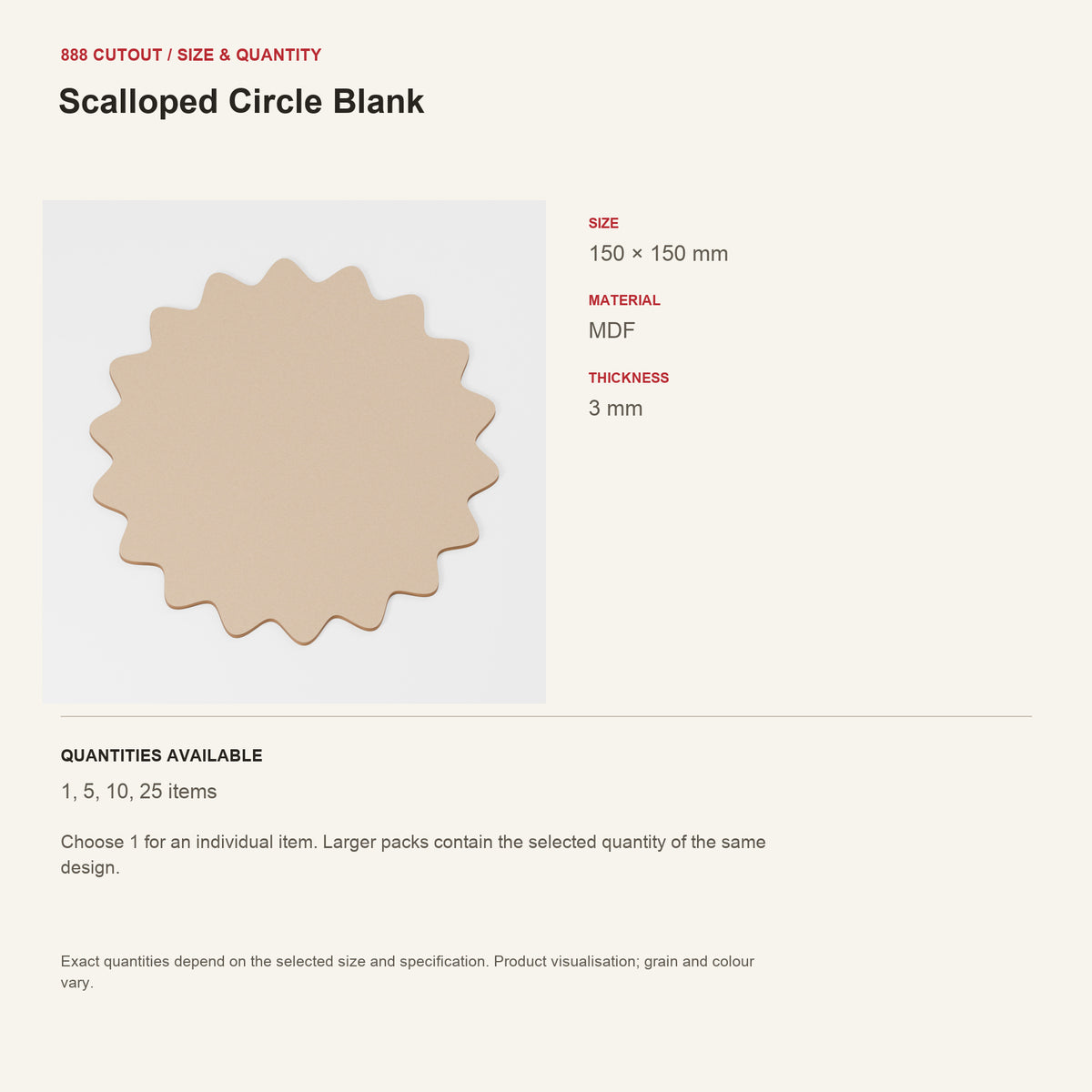 888 guide — Scalloped Circle Blank — example size, material and available quantities