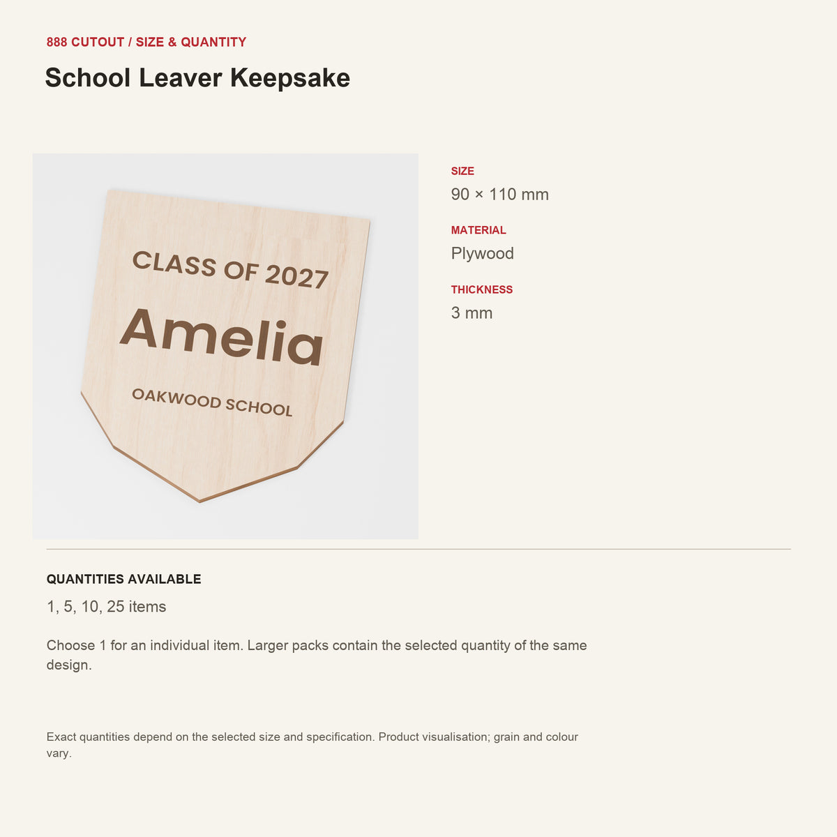 888 guide — School Leaver Keepsake — example size, material and available quantities