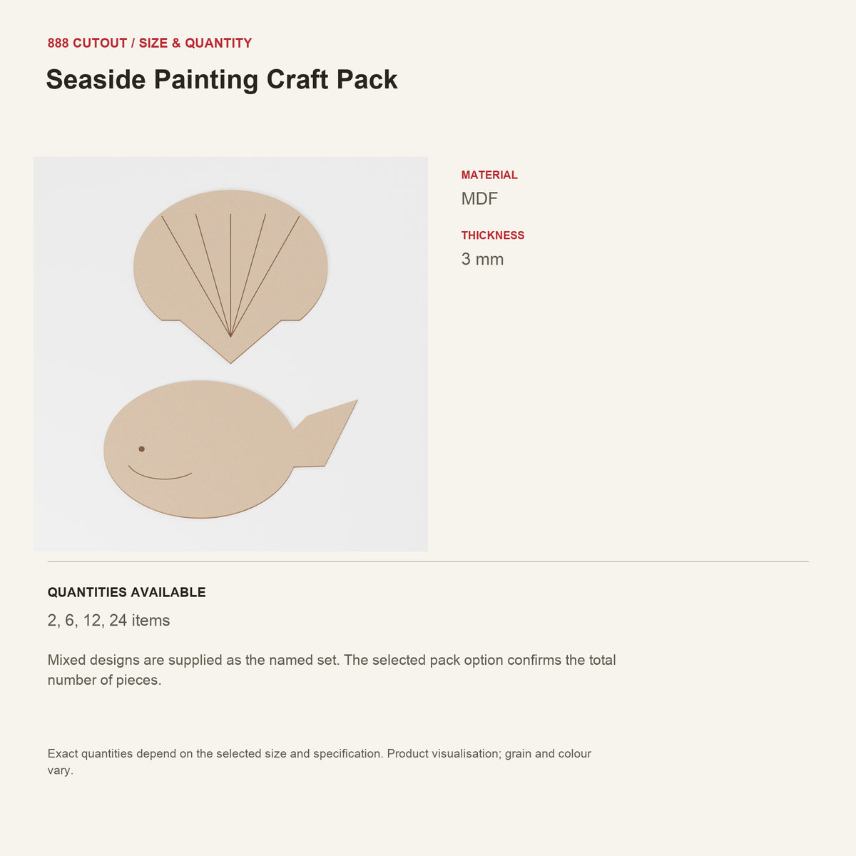 888 guide — Seaside Painting Craft Pack — example size, material and available quantities