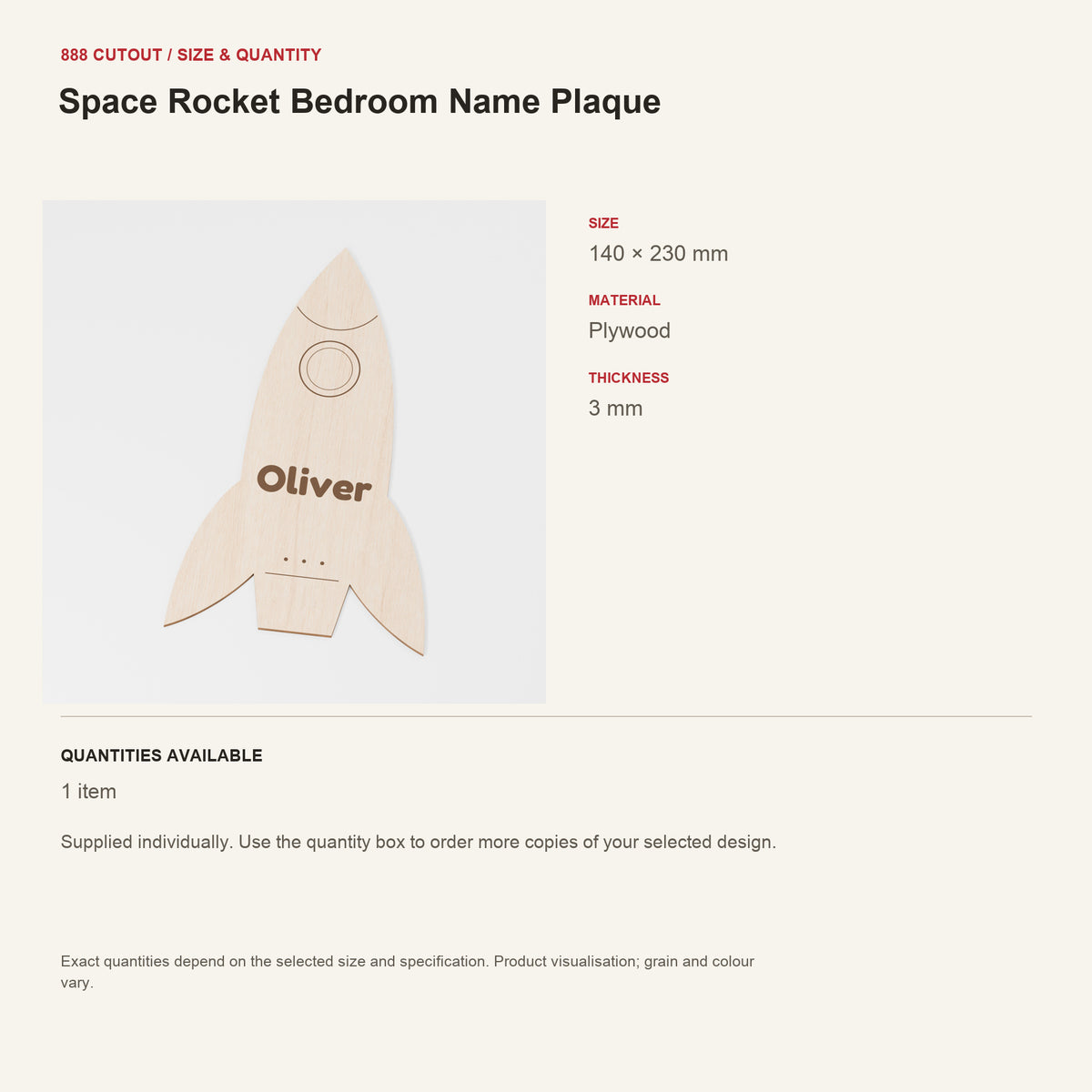 888 guide — Space Rocket Bedroom Name Plaque — example size, material and available quantities