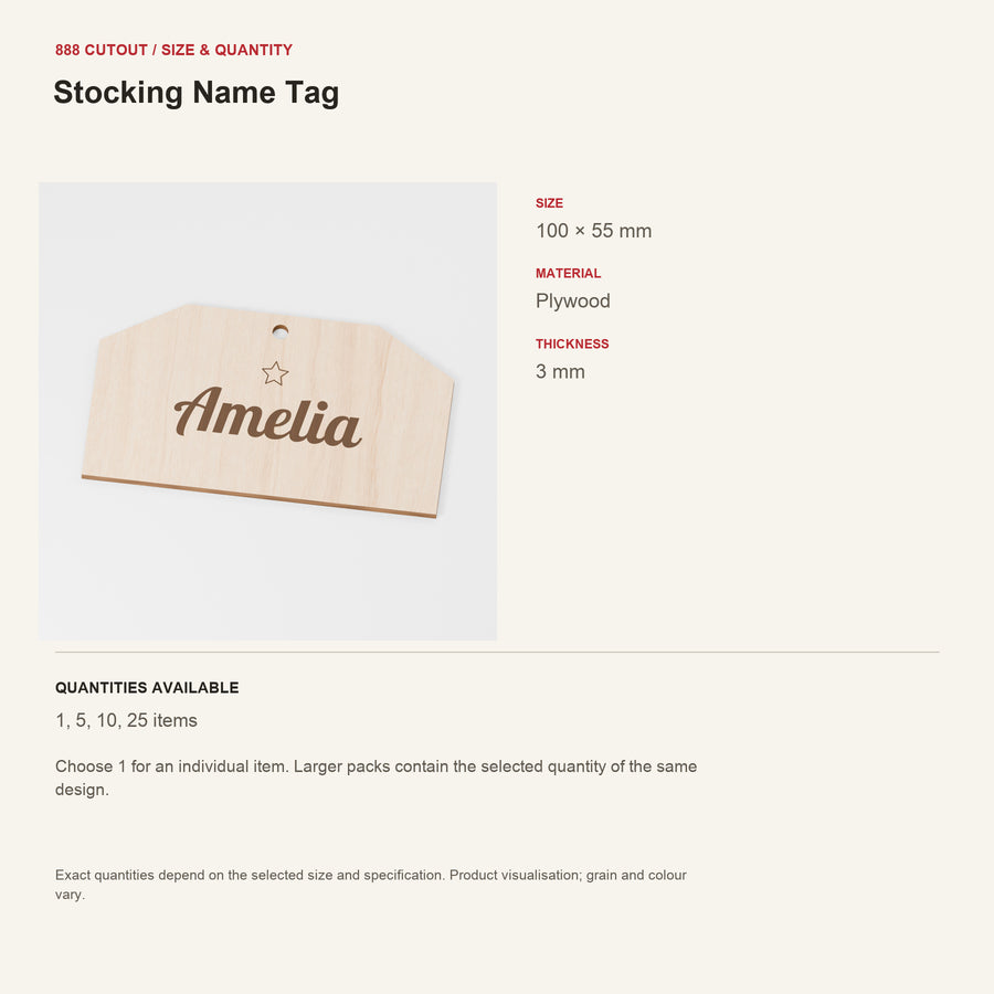 888 guide — Stocking Name Tag — example size, material and available quantities