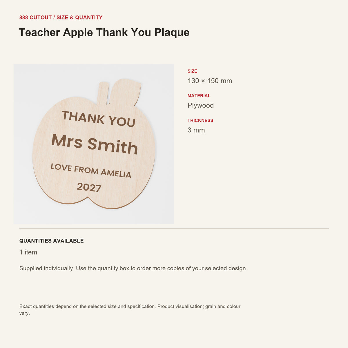 888 guide — Teacher Apple Thank You Plaque — example size, material and available quantities