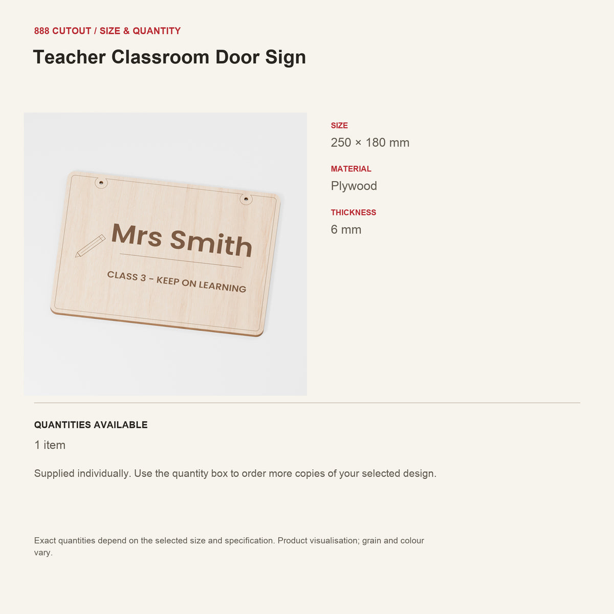 888 guide — Teacher Classroom Door Sign — example size, material and available quantities