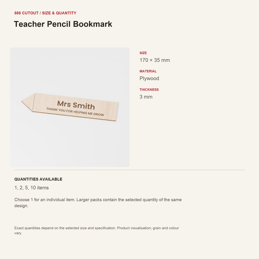 888 guide — Teacher Pencil Bookmark — example size, material and available quantities
