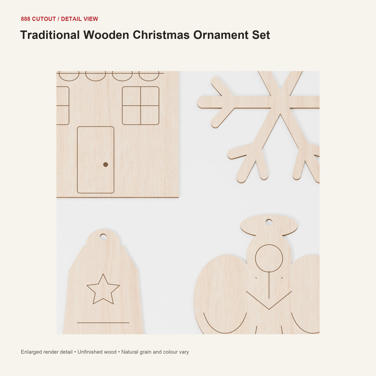 888 detail — Traditional Wooden Christmas Ornament Set — enlarged product visualisation