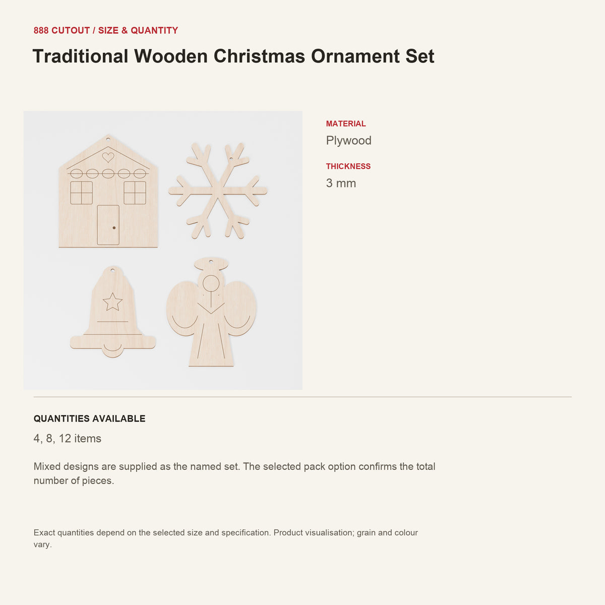 888 guide — Traditional Wooden Christmas Ornament Set — example size, material and available quantities