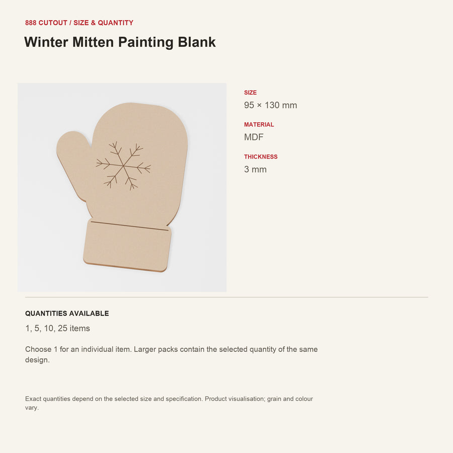888 guide — Winter Mitten Painting Blank — example size, material and available quantities