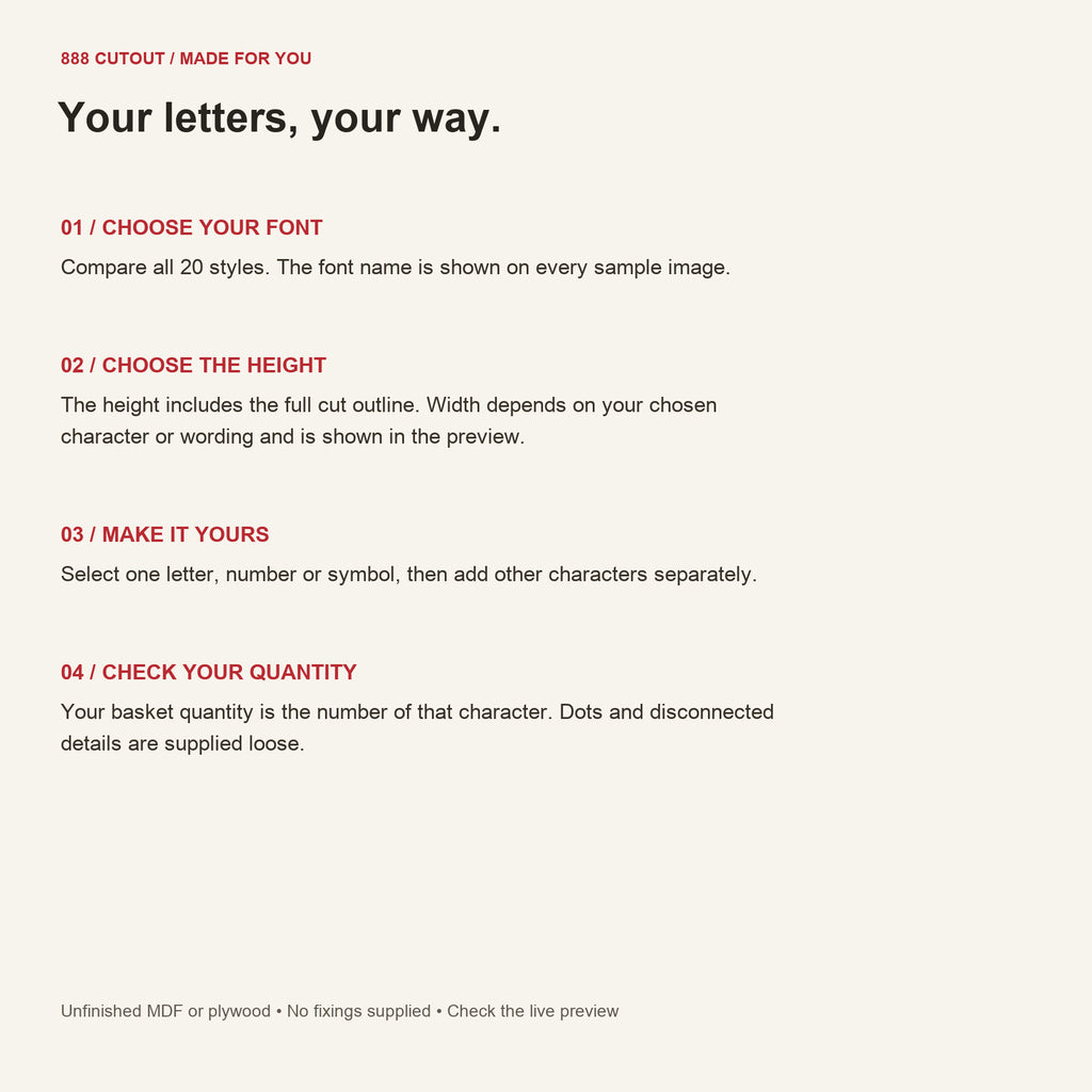888 guide — individual letters — font, size, quantity and ordering