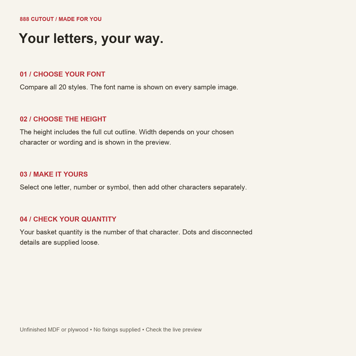 888 guide — individual letters — font, size, quantity and ordering