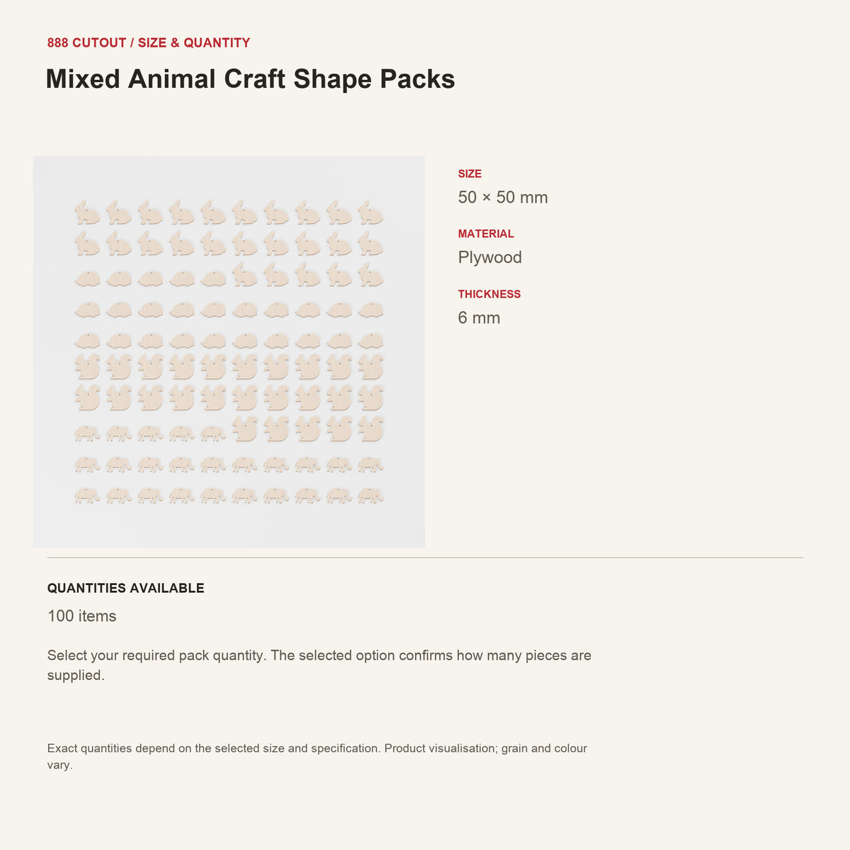 888 guide — Mixed Animal Craft Shape Packs — example size, material and available quantities