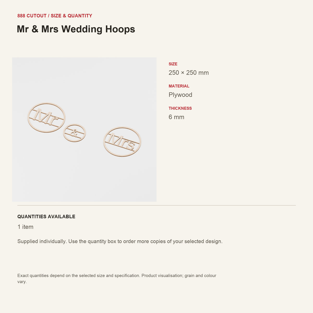 888 guide — Mr & Mrs Wedding Hoops — example size, material and available quantities