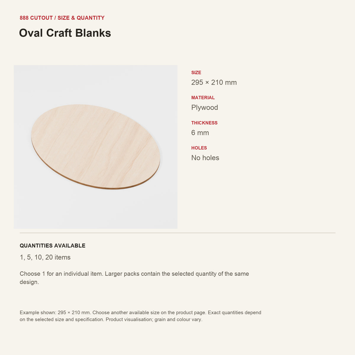 888 guide — Oval Craft Blanks — example size, material and available quantities
