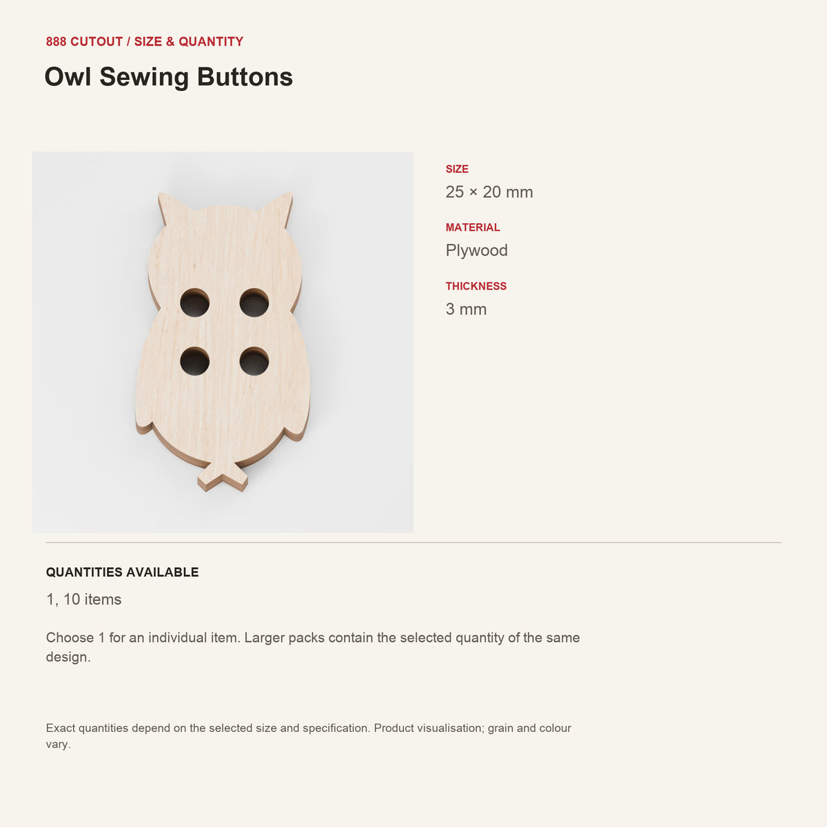 888 guide — Owl Sewing Buttons — example size, material and available quantities