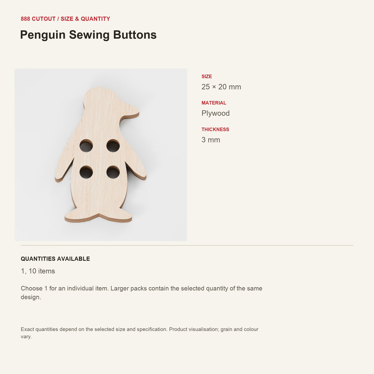 888 guide — Penguin Sewing Buttons — example size, material and available quantities