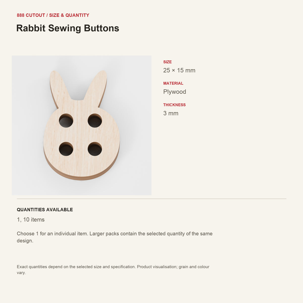 888 guide — Rabbit Sewing Buttons — example size, material and available quantities