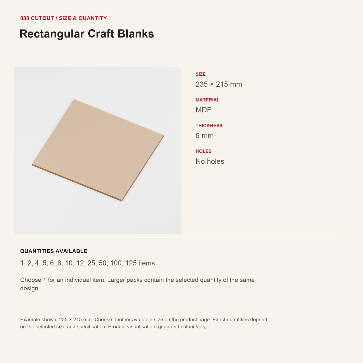 888 guide — Rectangular Craft Blanks — example size, material and available quantities