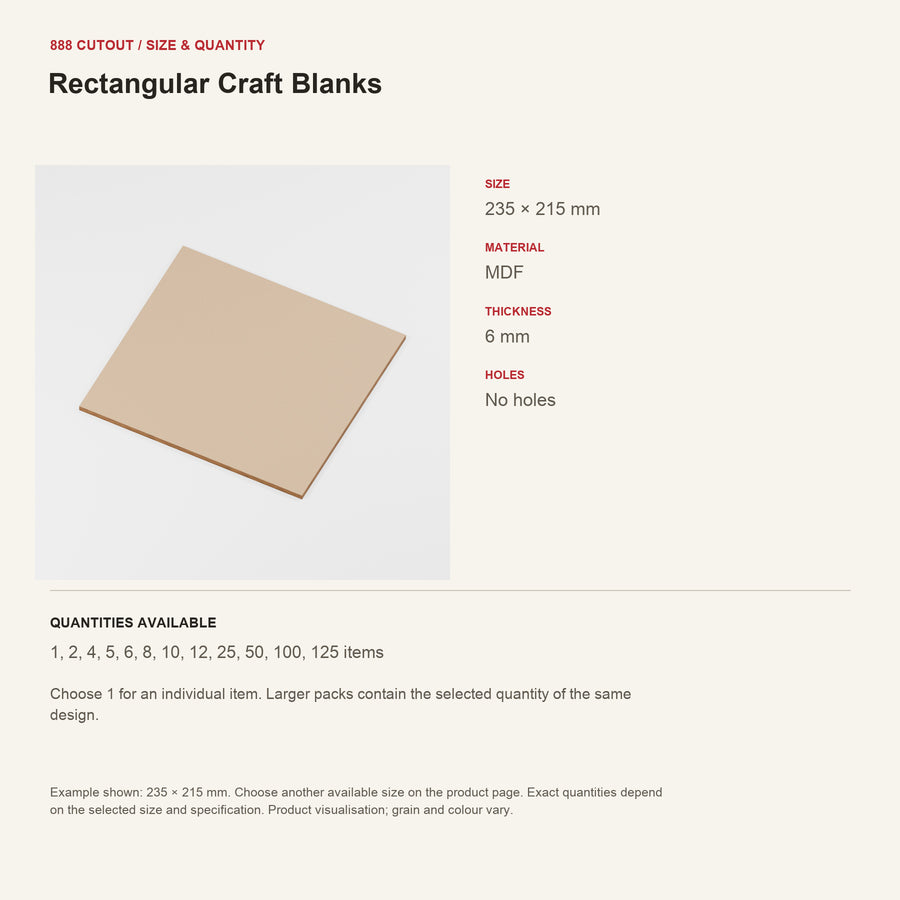 888 guide — Rectangular Craft Blanks — example size, material and available quantities
