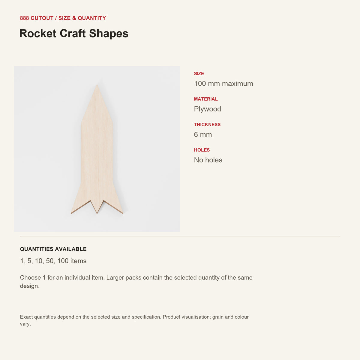 888 guide — Rocket Craft Shapes — example size, material and available quantities