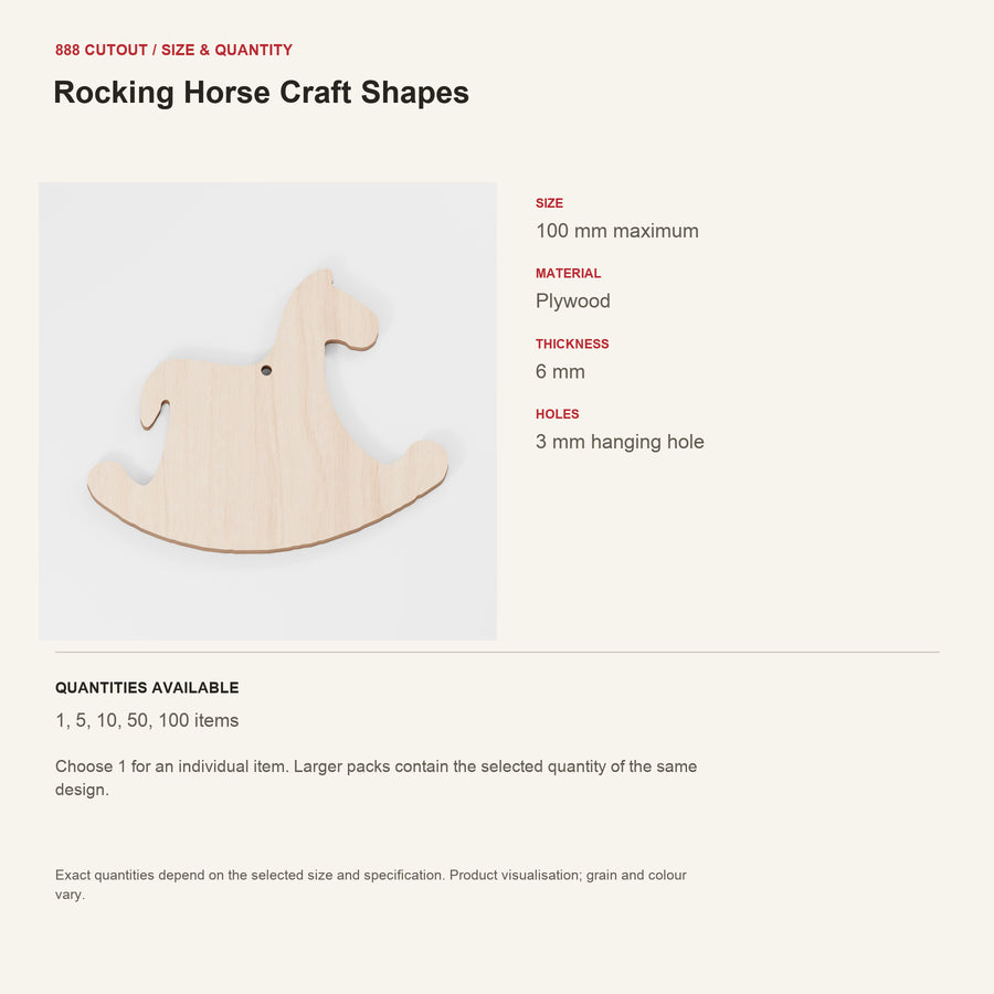 888 guide — Rocking Horse Craft Shapes — example size, material and available quantities