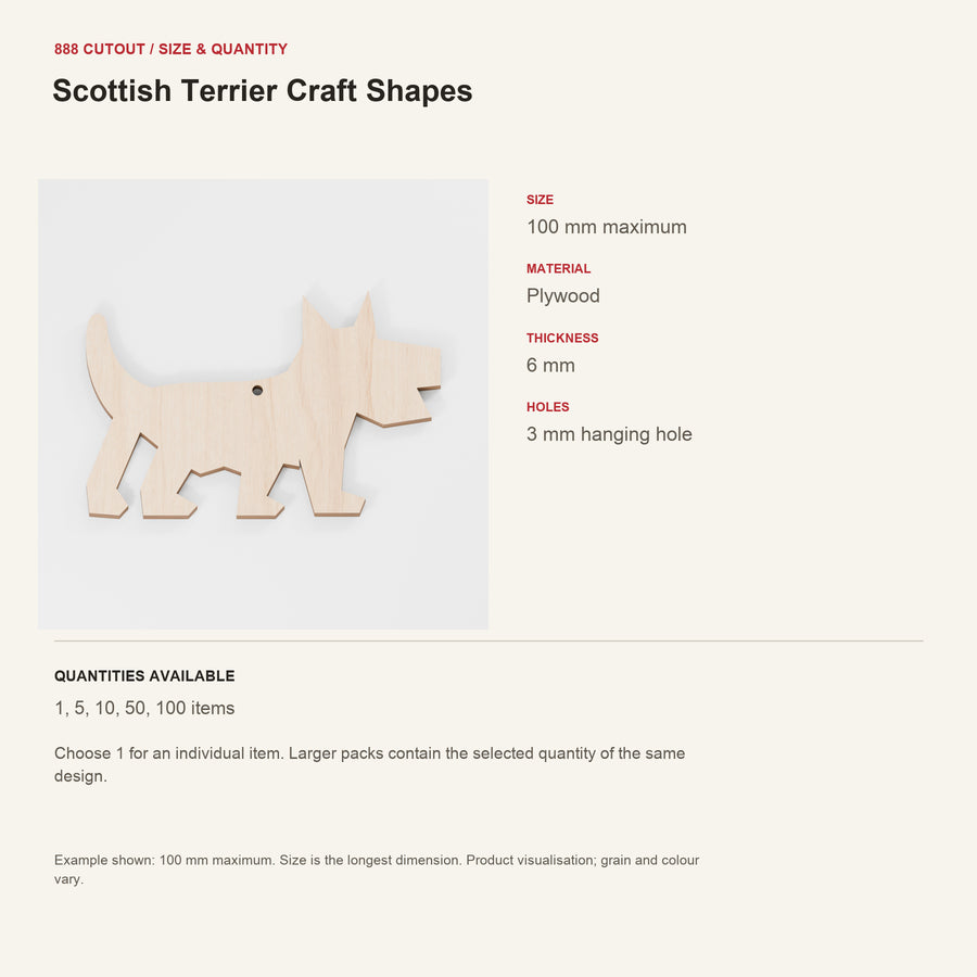 888 guide — Scottish Terrier Craft Shapes — example size, material and available quantities