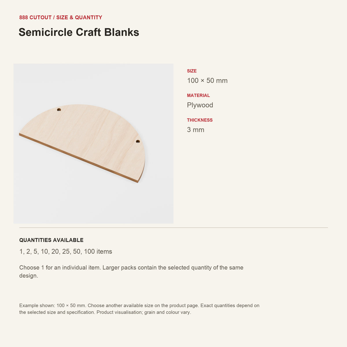 888 guide — Semicircle Craft Blanks — example size, material and available quantities
