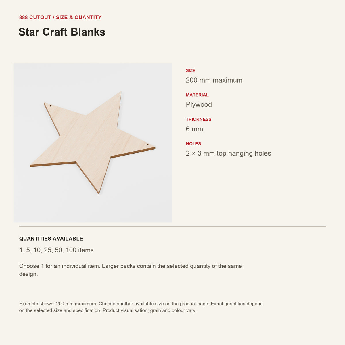 888 guide — Star Craft Blanks — example size, material and available quantities