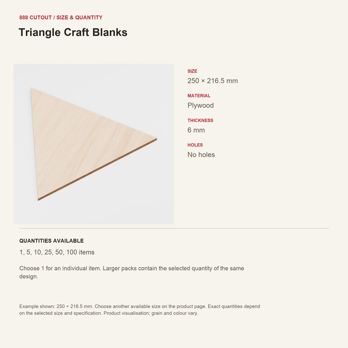 888 guide — Triangle Craft Blanks — example size, material and available quantities