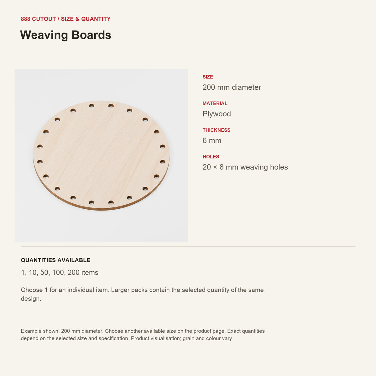 888 guide — Weaving Boards — example size, material and available quantities
