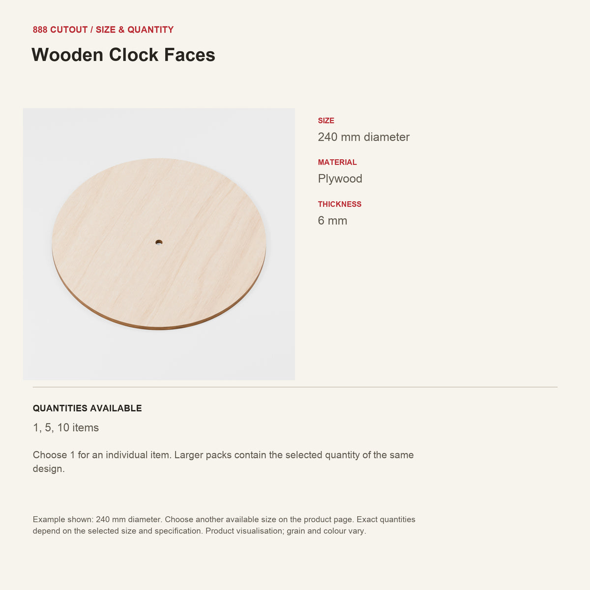 888 guide — Wooden Clock Faces — example size, material and available quantities