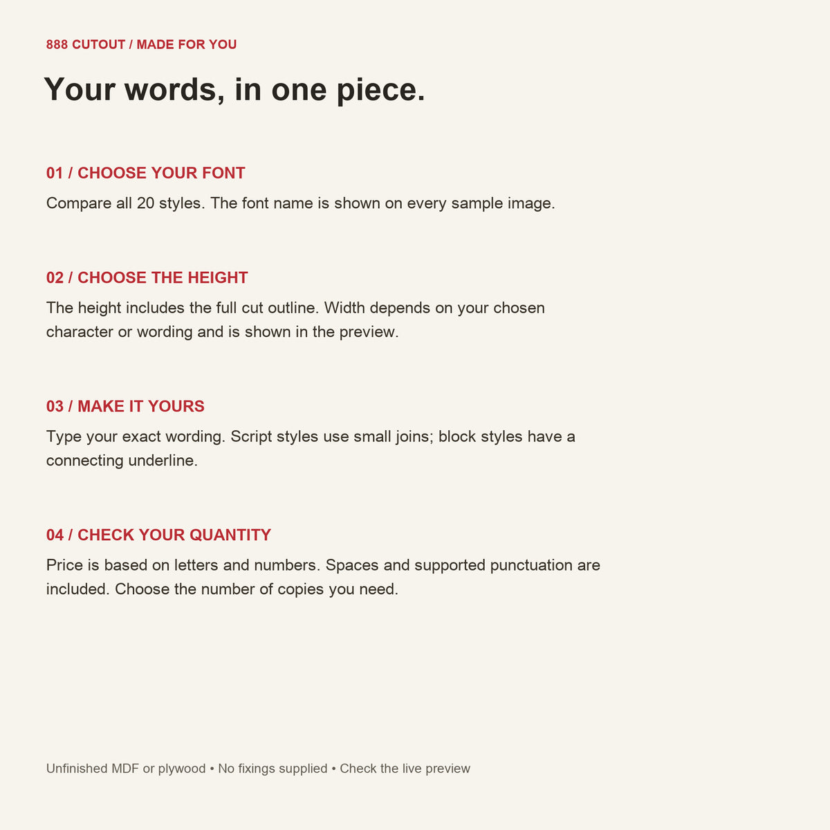 888 guide — personalised words — font, size, quantity and ordering