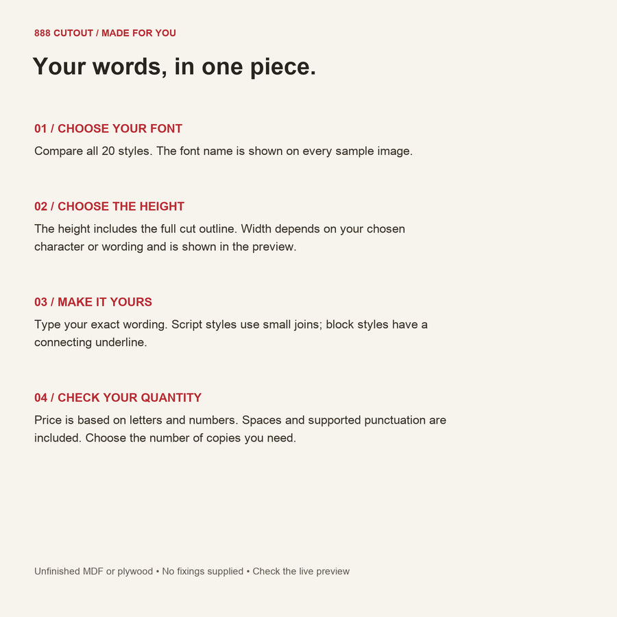 888 guide — personalised words — font, size, quantity and ordering