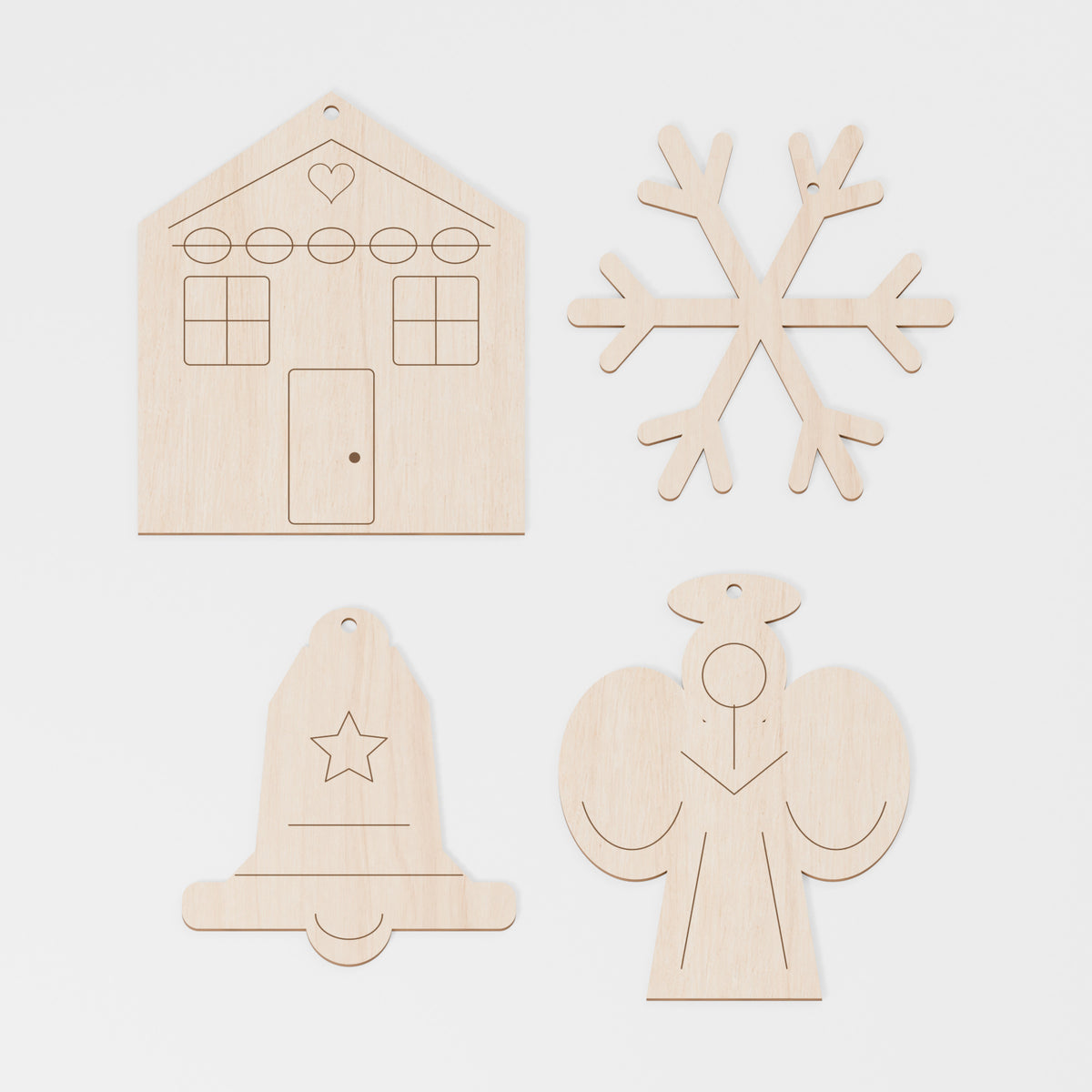 Traditional Wooden Christmas Ornament Set — Plywood; product visualisation, base set shown for assortments