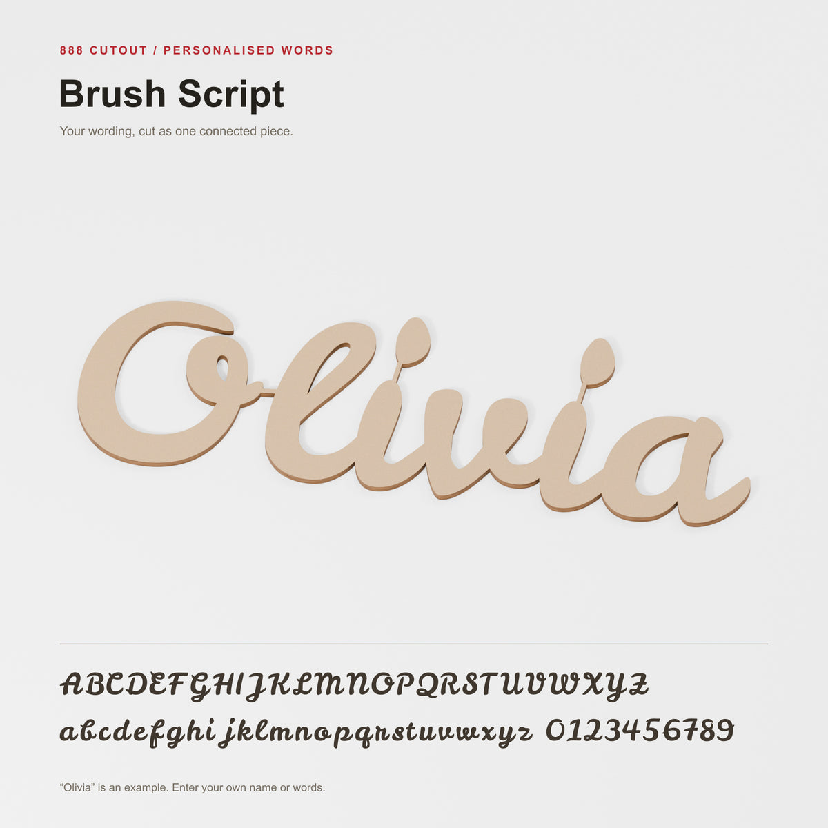 Brush Script — labelled font example with actual cut outline; product visualisation