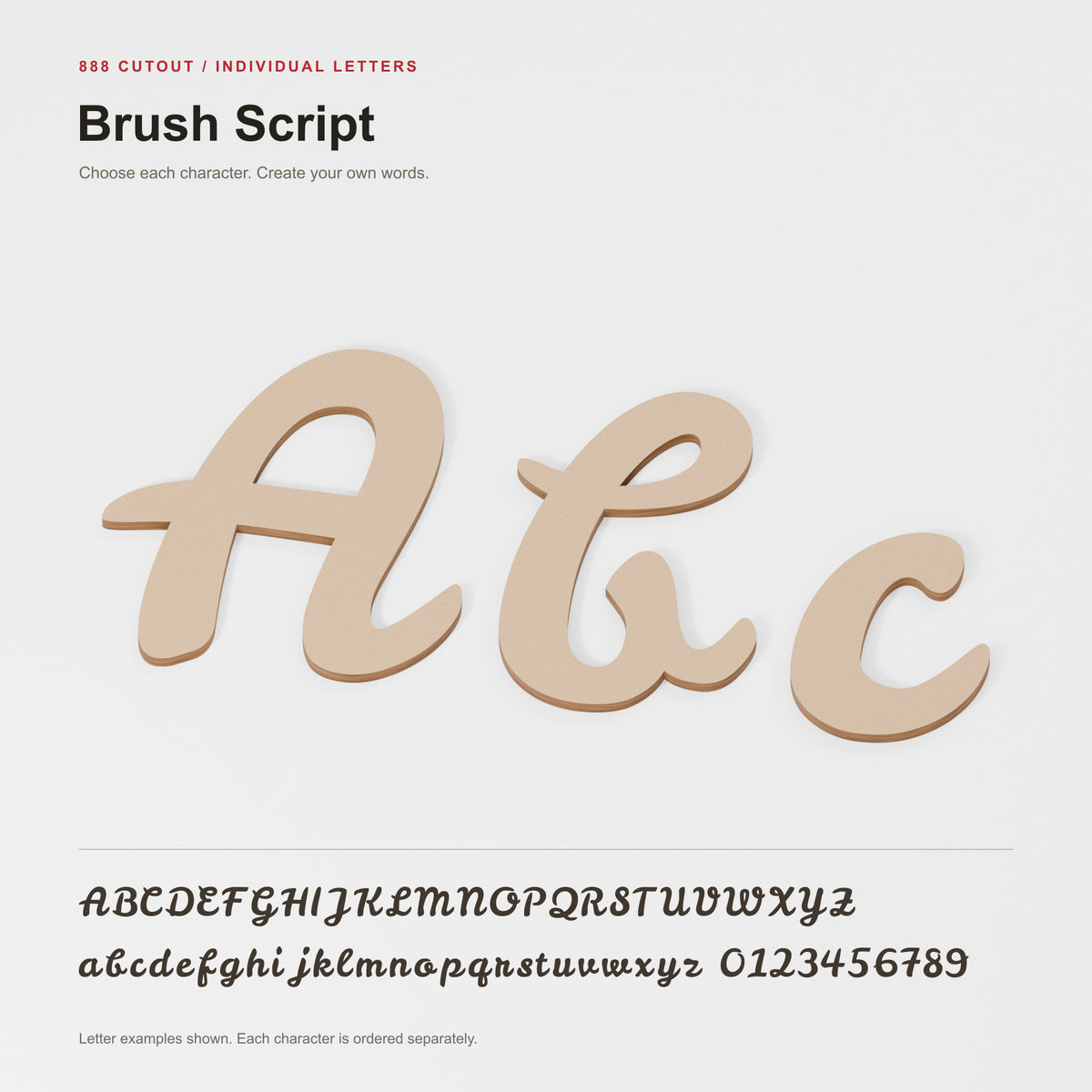 Brush Script — labelled font example with actual cut outline; product visualisation