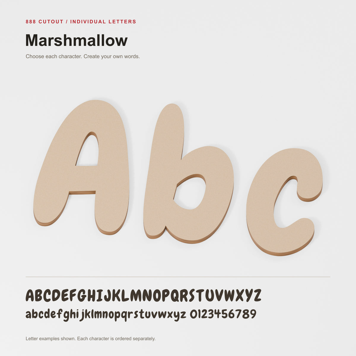 Marshmallow — labelled font example with actual cut outline; product visualisation