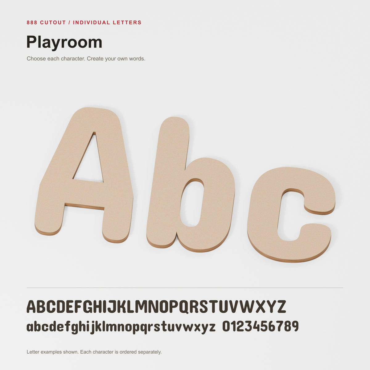 Playroom — labelled font example with actual cut outline; product visualisation