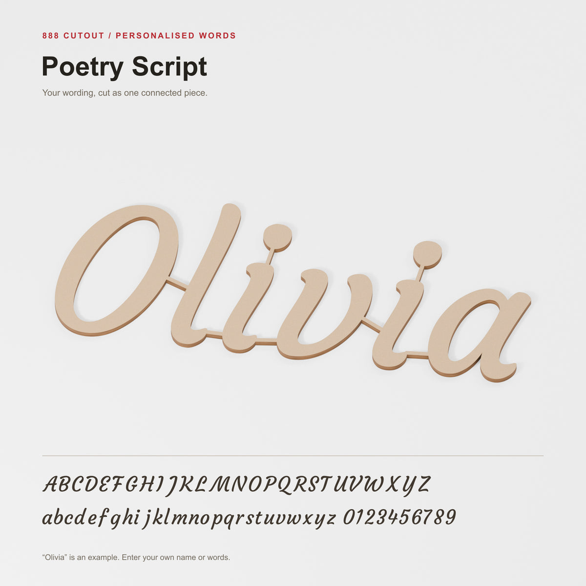 Poetry Script — labelled font example with actual cut outline; product visualisation