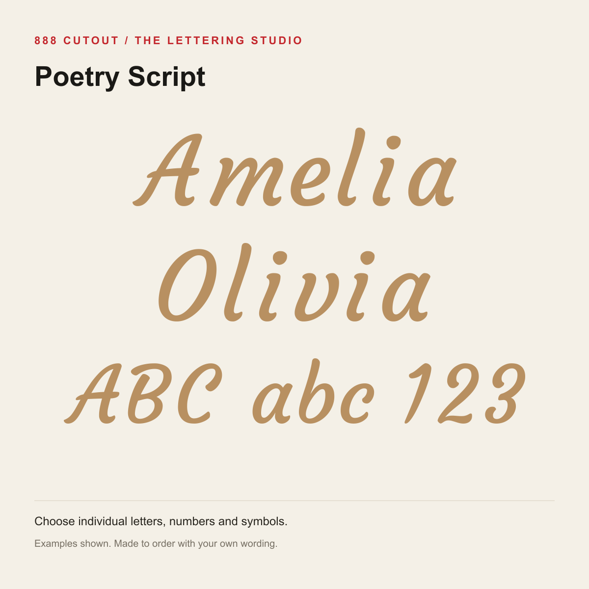 Poetry Script Cutout Letters — examples of arranging individual letters; each character is ordered separately