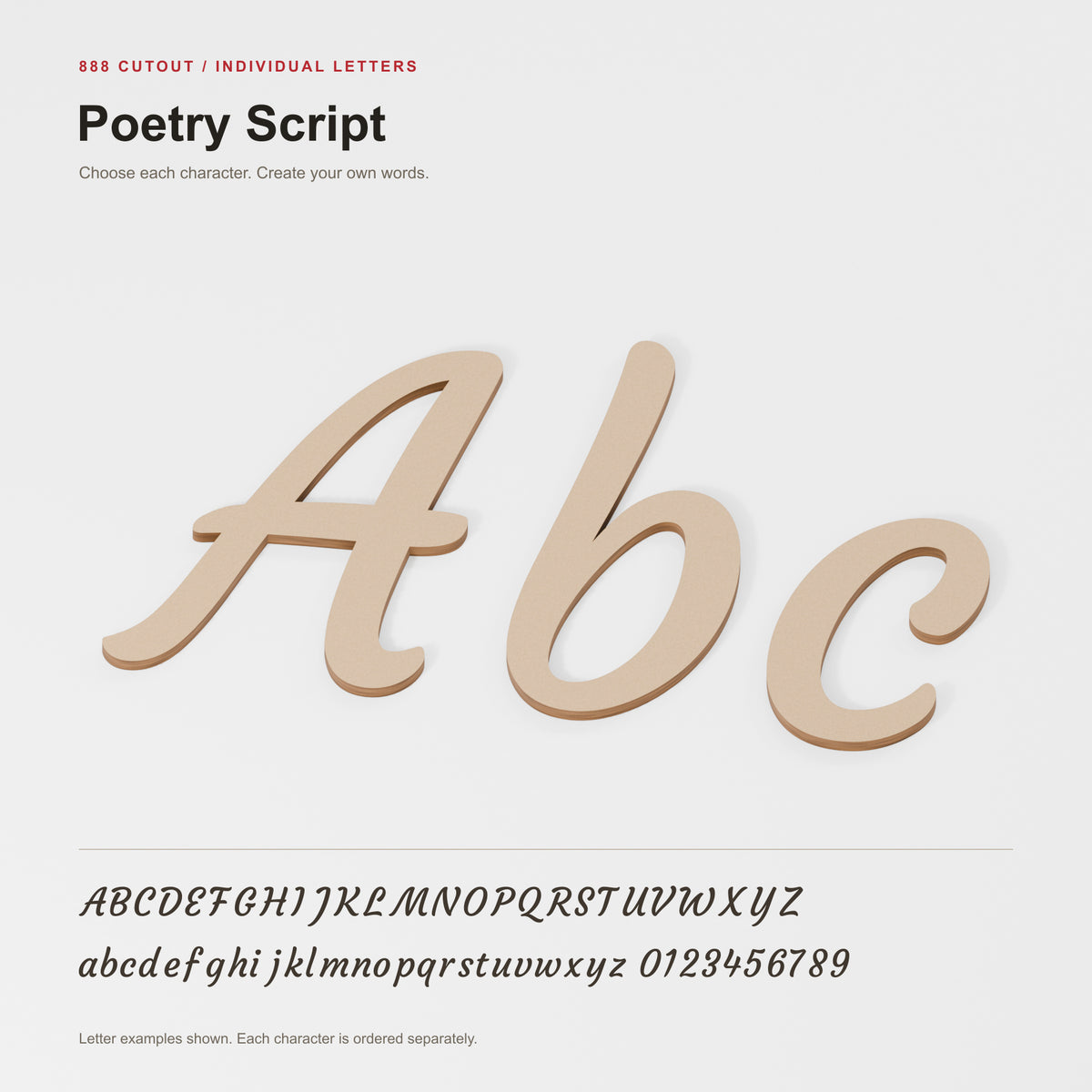 Poetry Script — labelled font example with actual cut outline; product visualisation