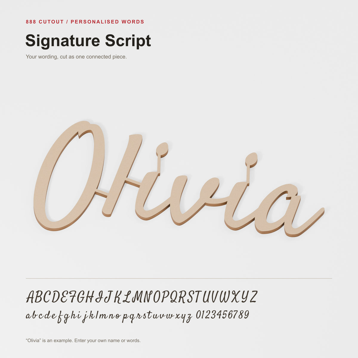 Signature Script — labelled font example with actual cut outline; product visualisation