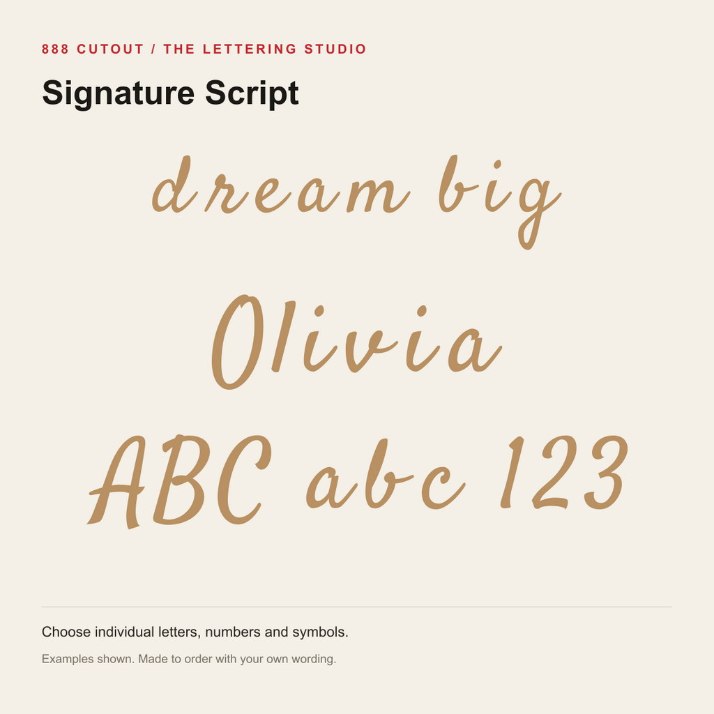 Signature Script Cutout Letters — examples of arranging individual letters; each character is ordered separately