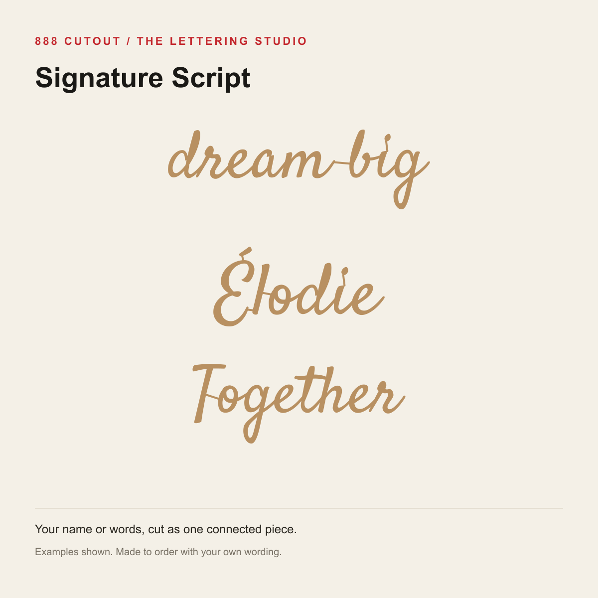 Signature Script — example wording made from the actual cutting outlines; personalise your own