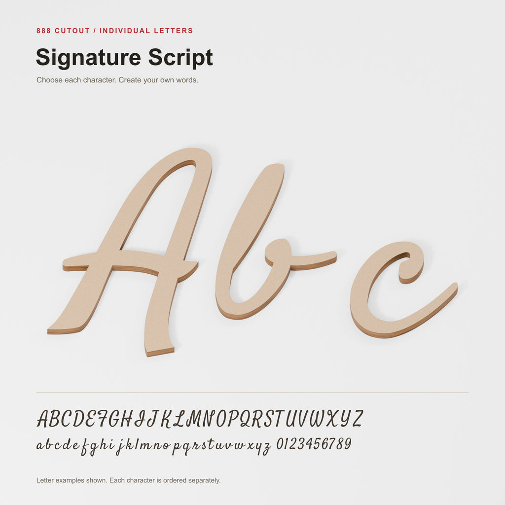 Signature Script — labelled font example with actual cut outline; product visualisation