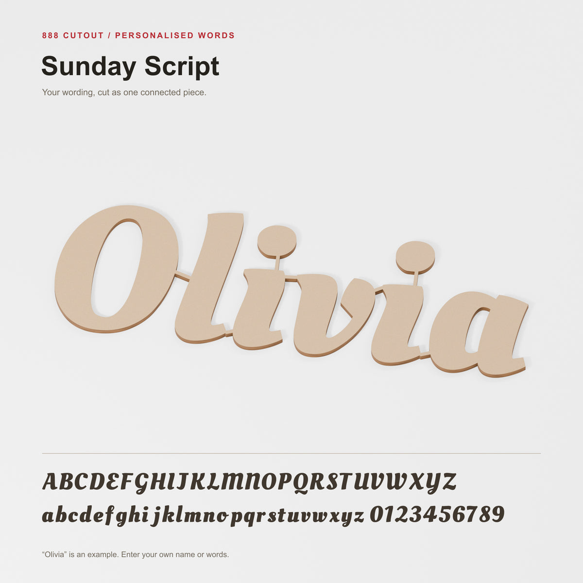 Sunday Script — labelled font example with actual cut outline; product visualisation